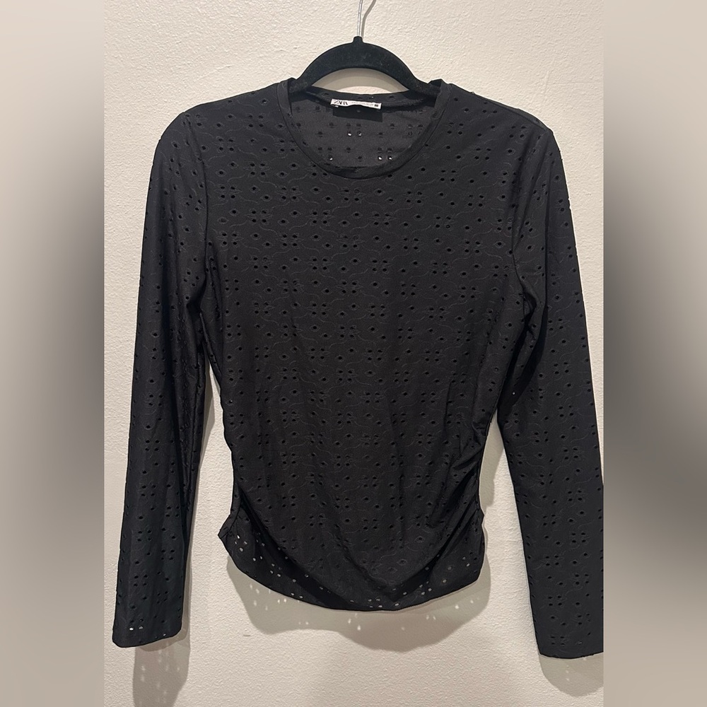Zara Black Eyelet Long Sleeve Top